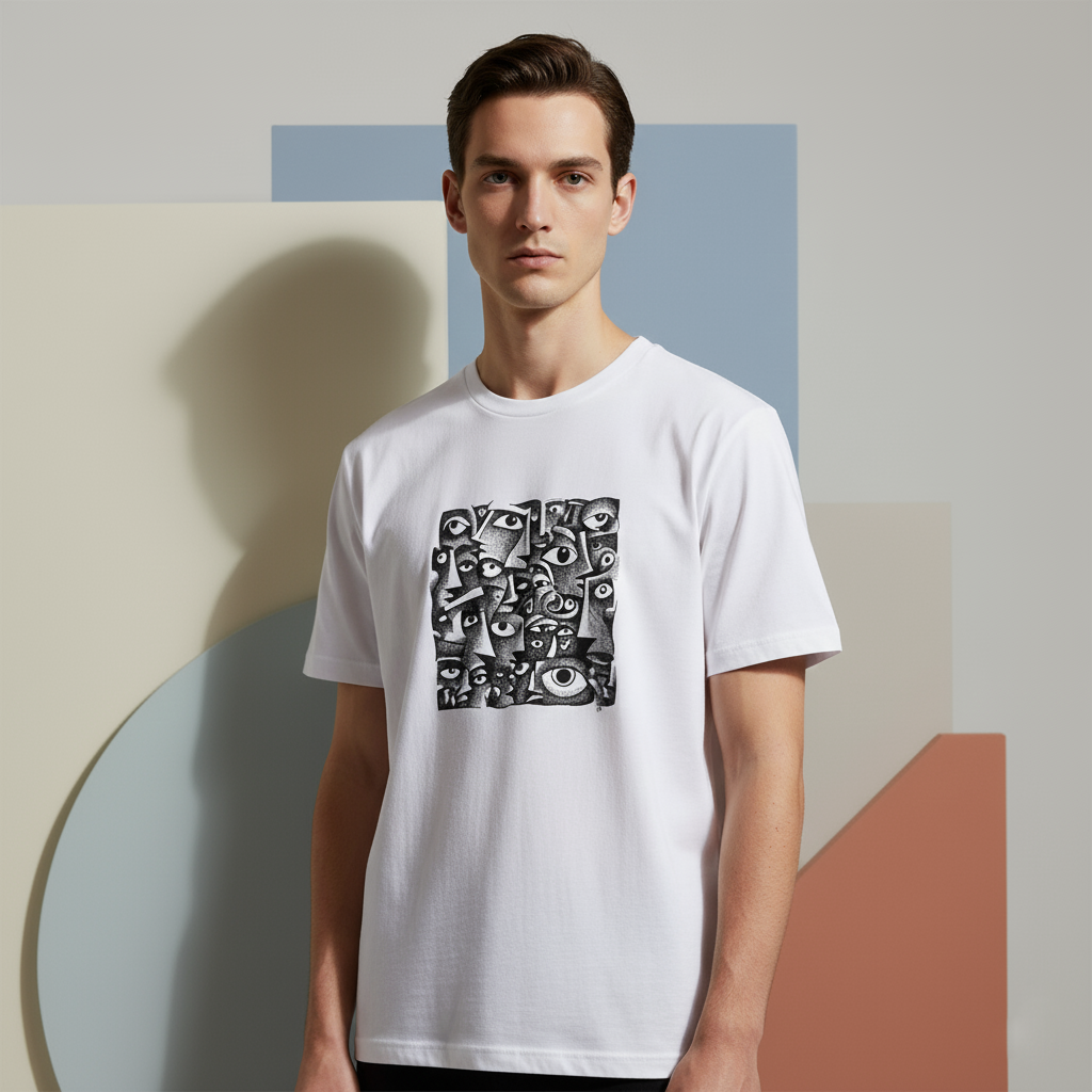 Abstract Faces Pattern T-Shirt, Surreal Black and White Graphic Tee, Unisex Cotton Art Shirt