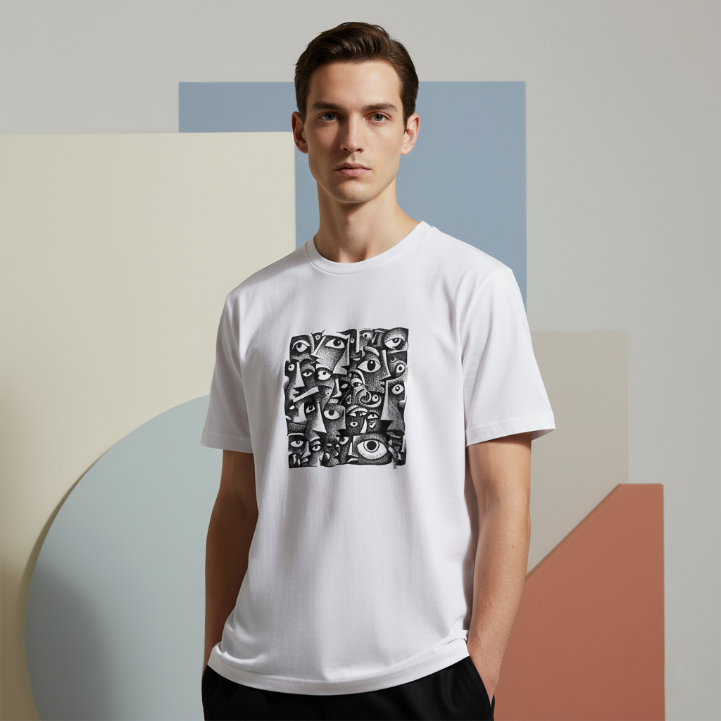 Abstract Faces Pattern T-Shirt, Surreal Black and White Graphic Tee, Unisex Cotton Art Shirt