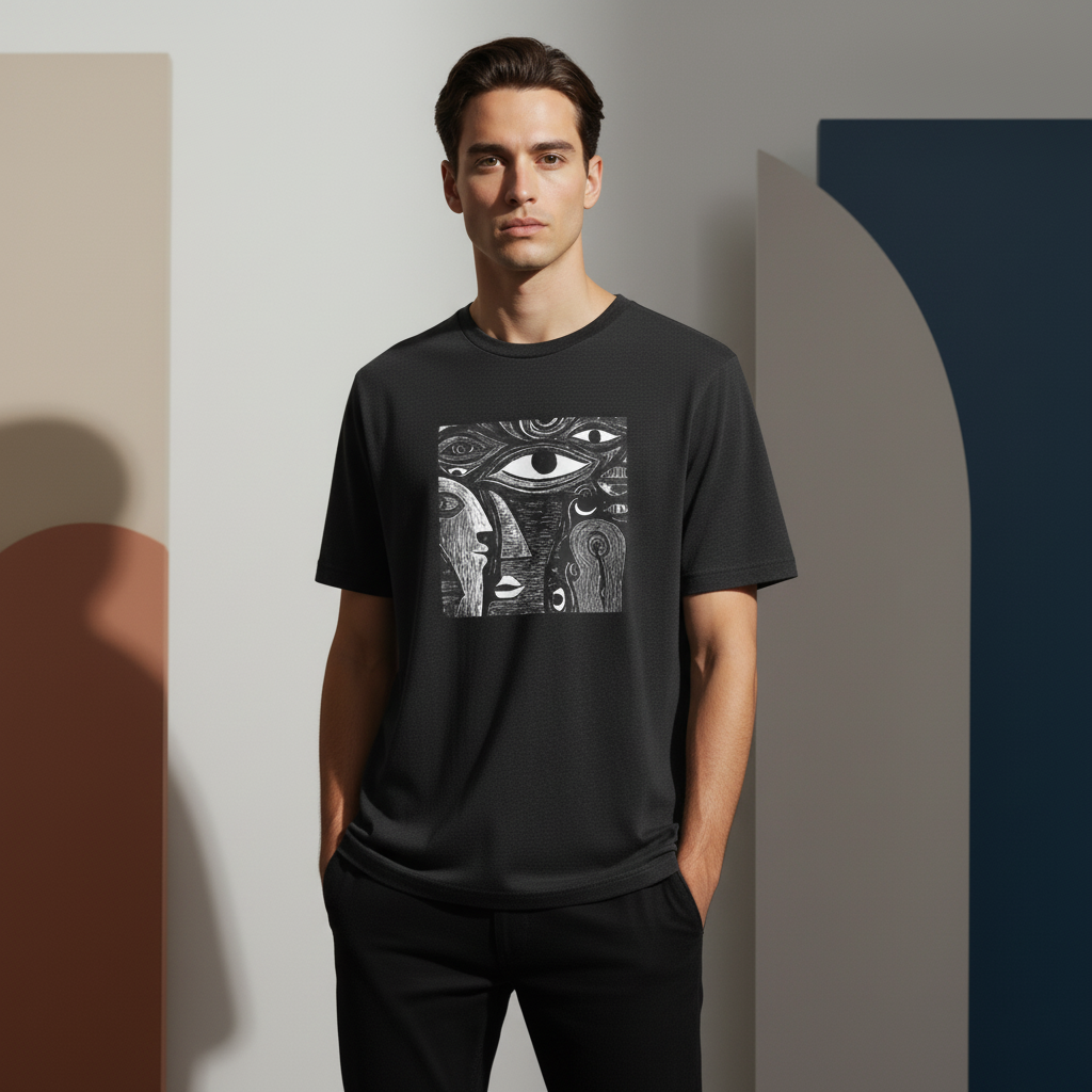 Abstract Faces T-Shirt, Black and White Surreal Graphic Tee, Unisex Cotton Art Shirt