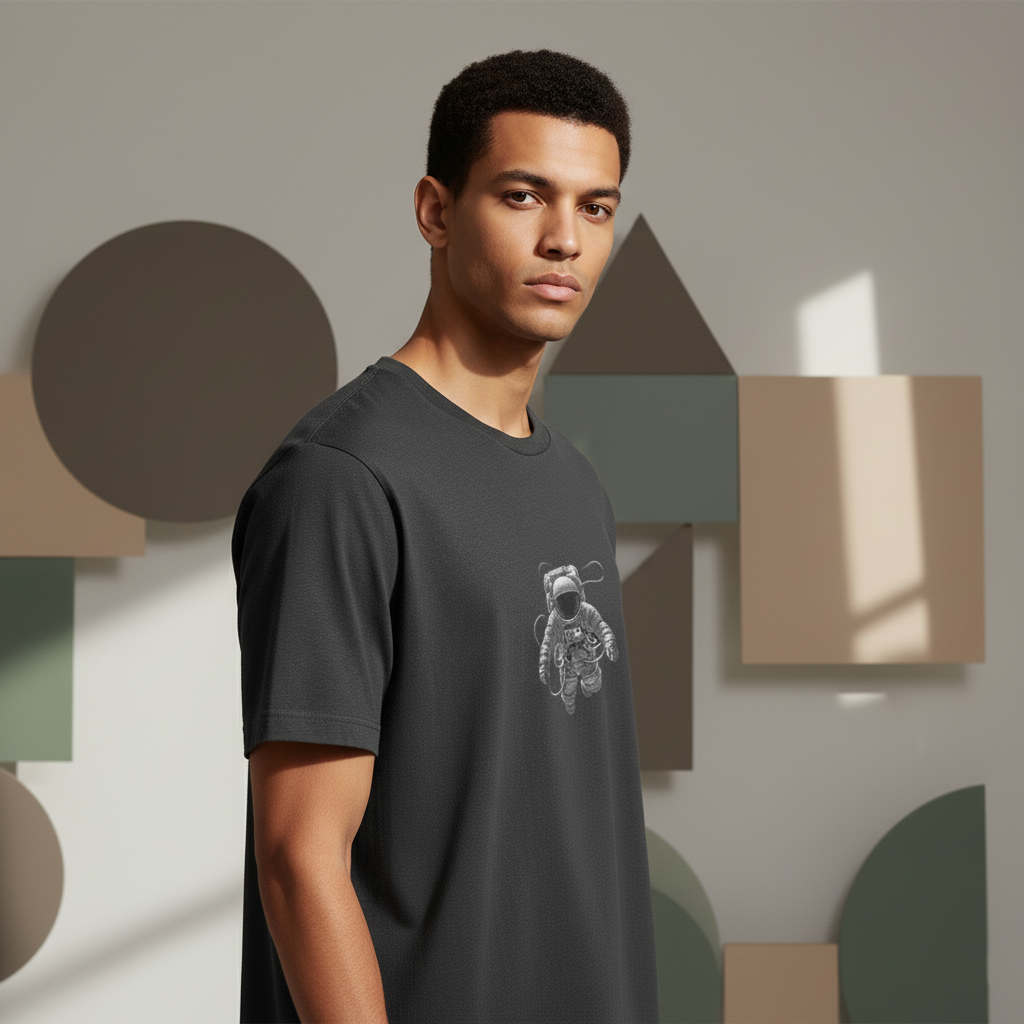 Astronaut T-Shirt, Space Explorer Dot Art Tee, Unisex Black and White Cosmic Graphic Shirt