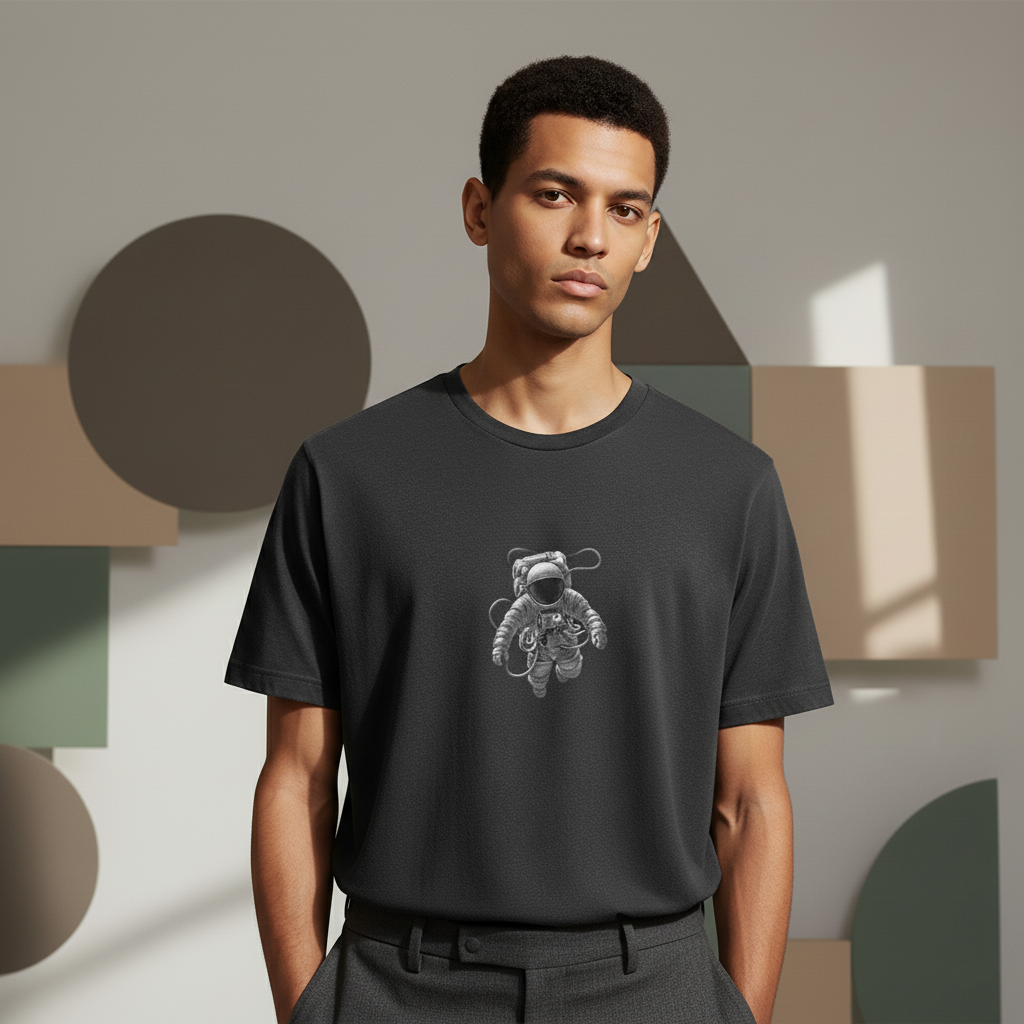 Astronaut T-Shirt, Space Explorer Dot Art Tee, Unisex Black and White Cosmic Graphic Shirt