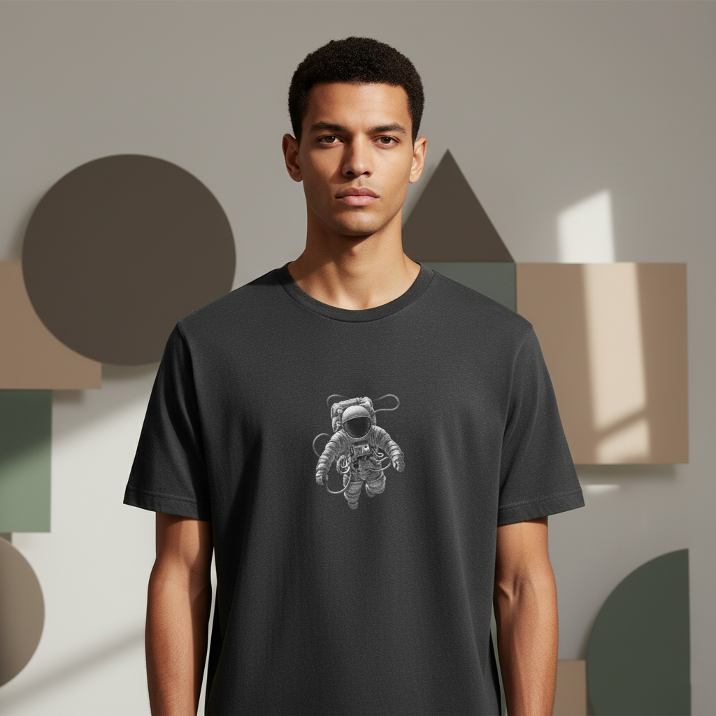 Astronaut T-Shirt, Space Explorer Dot Art Tee, Unisex Black and White Cosmic Graphic Shirt