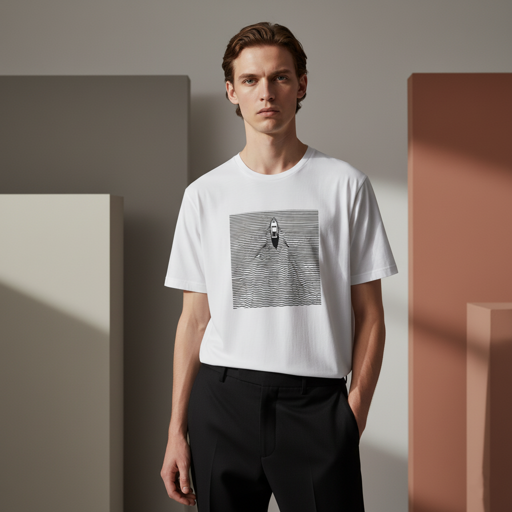 Boat and Waves T-Shirt, Minimalist Line Art Ocean Tee, Unisex Black and White Cotton Shirt