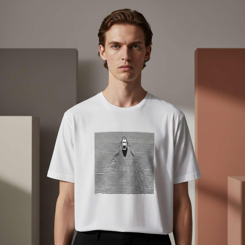 Boat and Waves T-Shirt, Minimalist Line Art Ocean Tee, Unisex Black and White Cotton Shirt