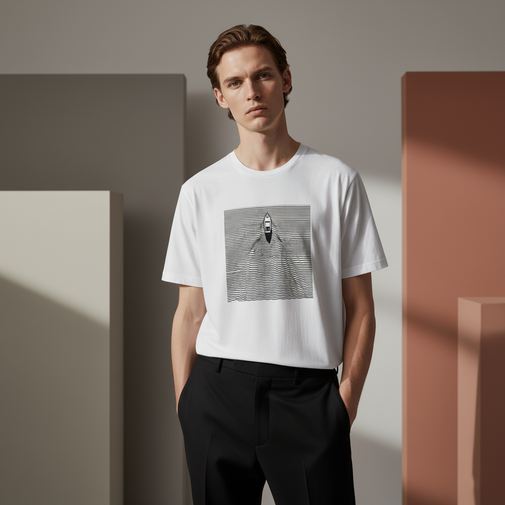 Boat and Waves T-Shirt, Minimalist Line Art Ocean Tee, Unisex Black and White Cotton Shirt