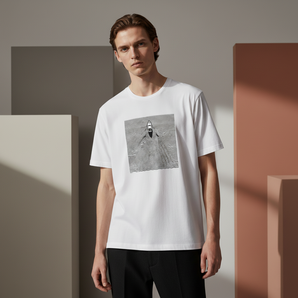 Boat and Waves T-Shirt, Minimalist Line Art Ocean Tee, Unisex Black and White Cotton Shirt