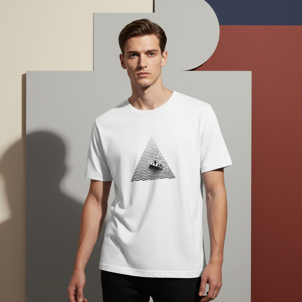 Boat and Waves T-Shirt, Black and White Line Art Tee, Unisex Soft Cotton Graphic Shirt