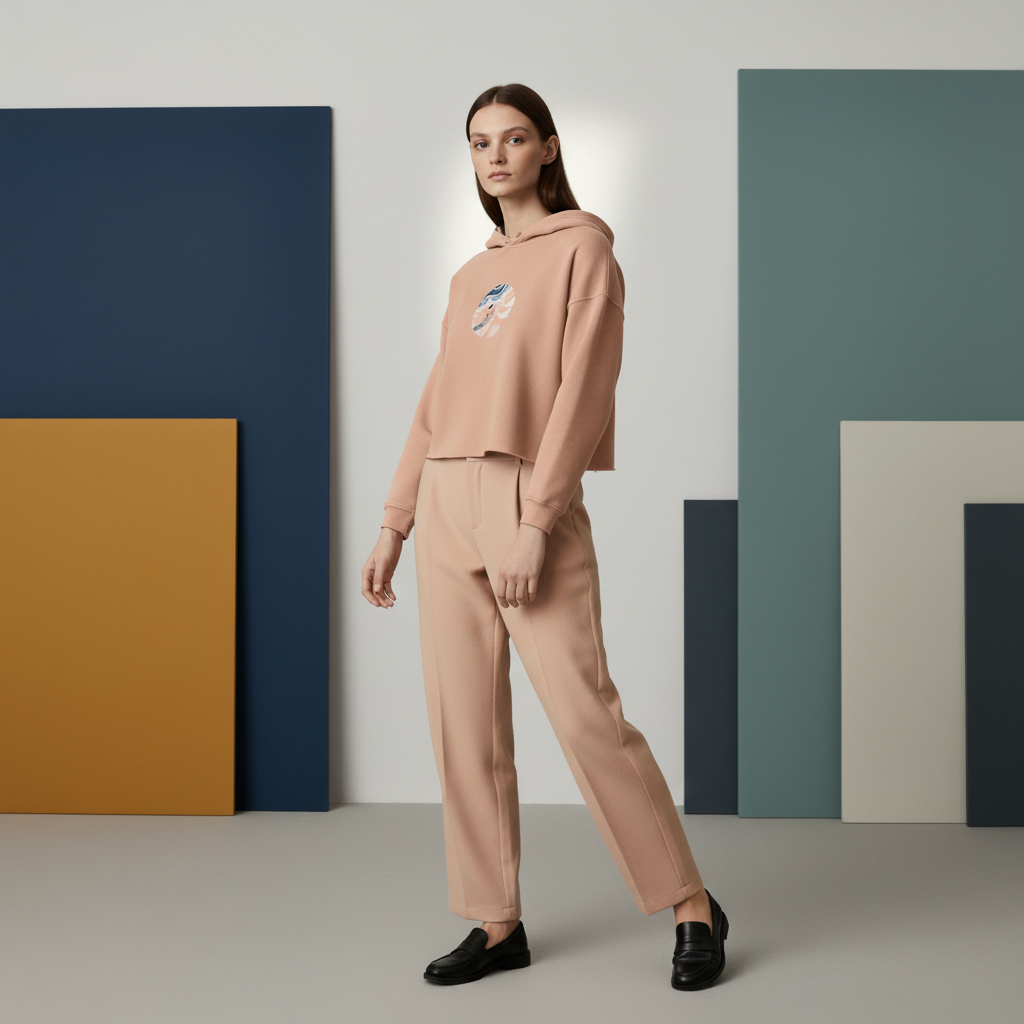 Crop Hoodie – Abstract Landscape with Cyclist Art Design