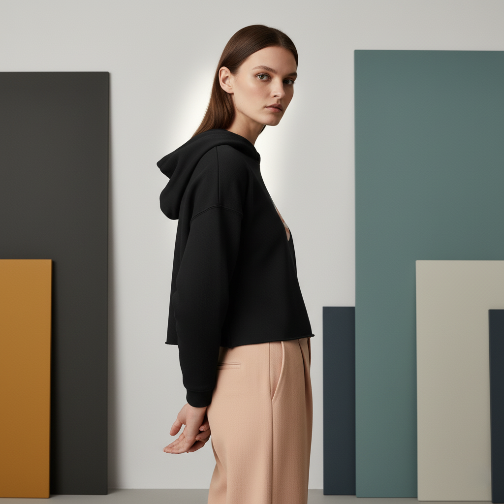 Crop Hoodie – Abstract Landscape with Cyclist Art Design