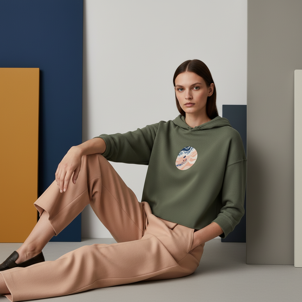 Crop Hoodie – Abstract Landscape with Cyclist Art Design