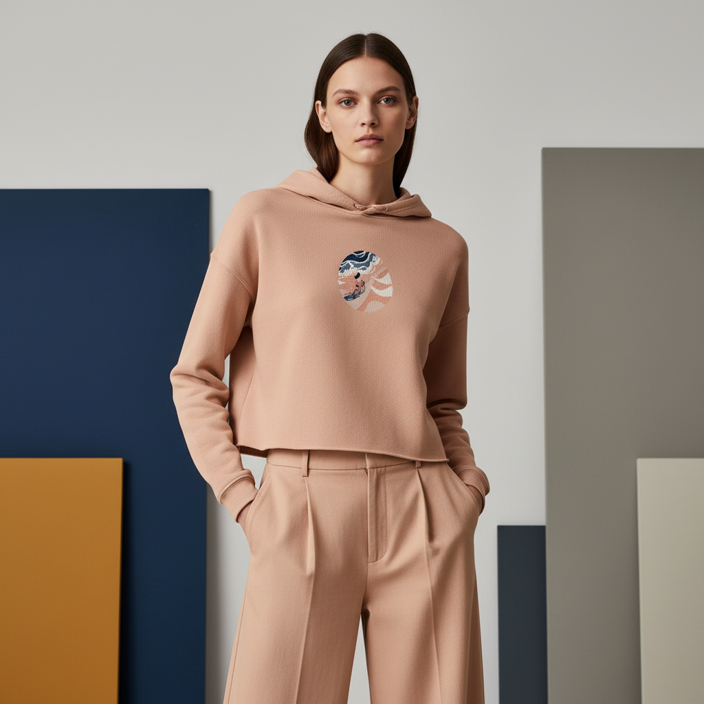 Crop Hoodie – Abstract Landscape with Cyclist Art Design