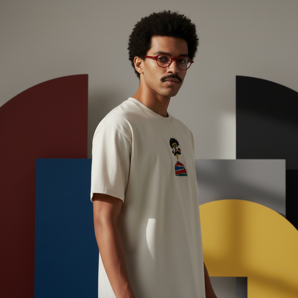 Embroidered Cartoon Face Oversized T-Shirt, Funny Character Graphic Tee, Unisex Faded Cotton Shirt