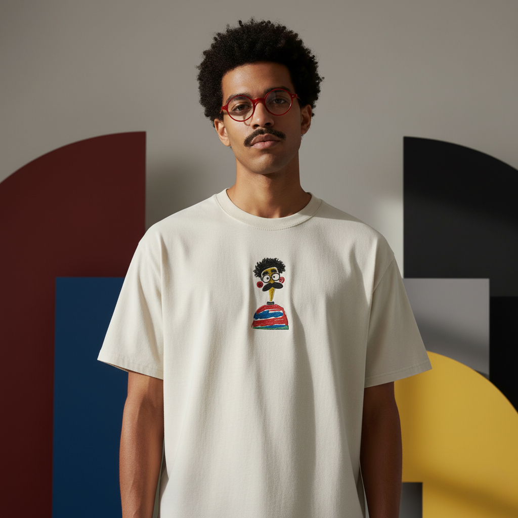 Embroidered Cartoon Face Oversized T-Shirt, Funny Character Graphic Tee, Unisex Faded Cotton Shirt