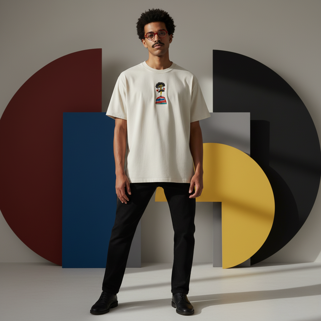 Embroidered Cartoon Face Oversized T-Shirt, Funny Character Graphic Tee, Unisex Faded Cotton Shirt