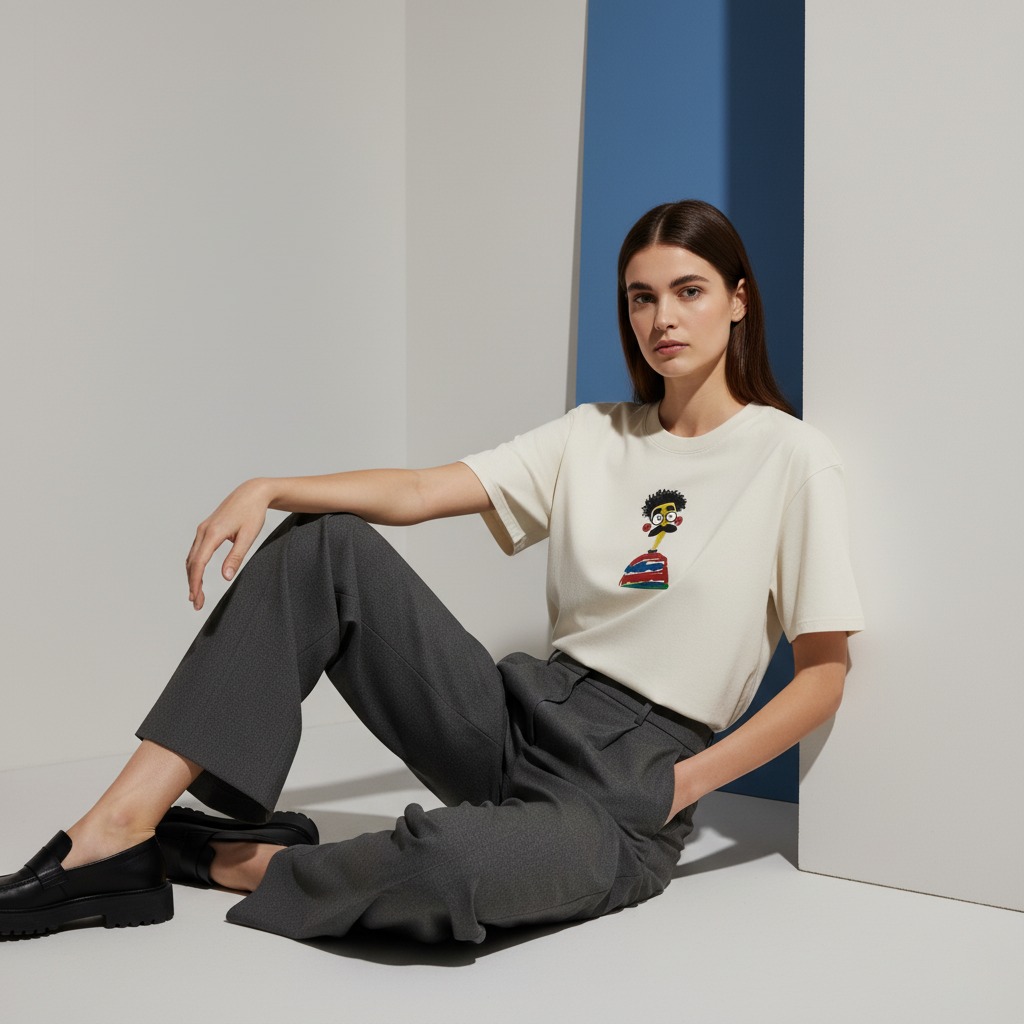 Embroidered Cartoon Face Oversized T-Shirt, Funny Character Graphic Tee, Unisex Faded Cotton Shirt