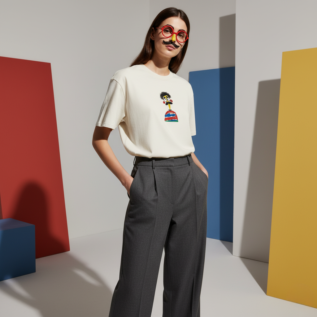 Embroidered Cartoon Face Oversized T-Shirt, Funny Character Graphic Tee, Unisex Faded Cotton Shirt