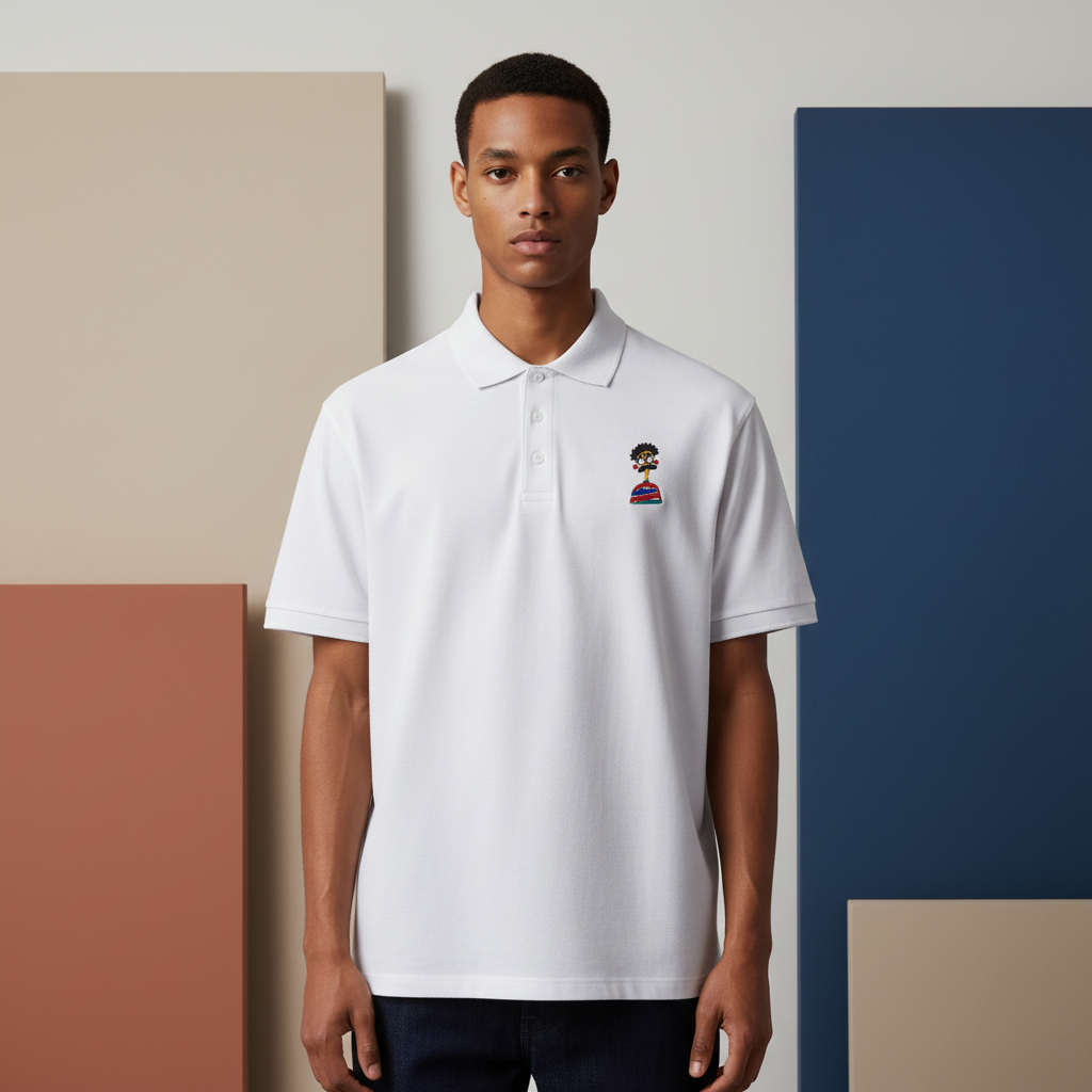 Embroidered Cartoon Face Polo Shirt, Premium Pique Cotton Polo, Fun Character Embroidery Gift