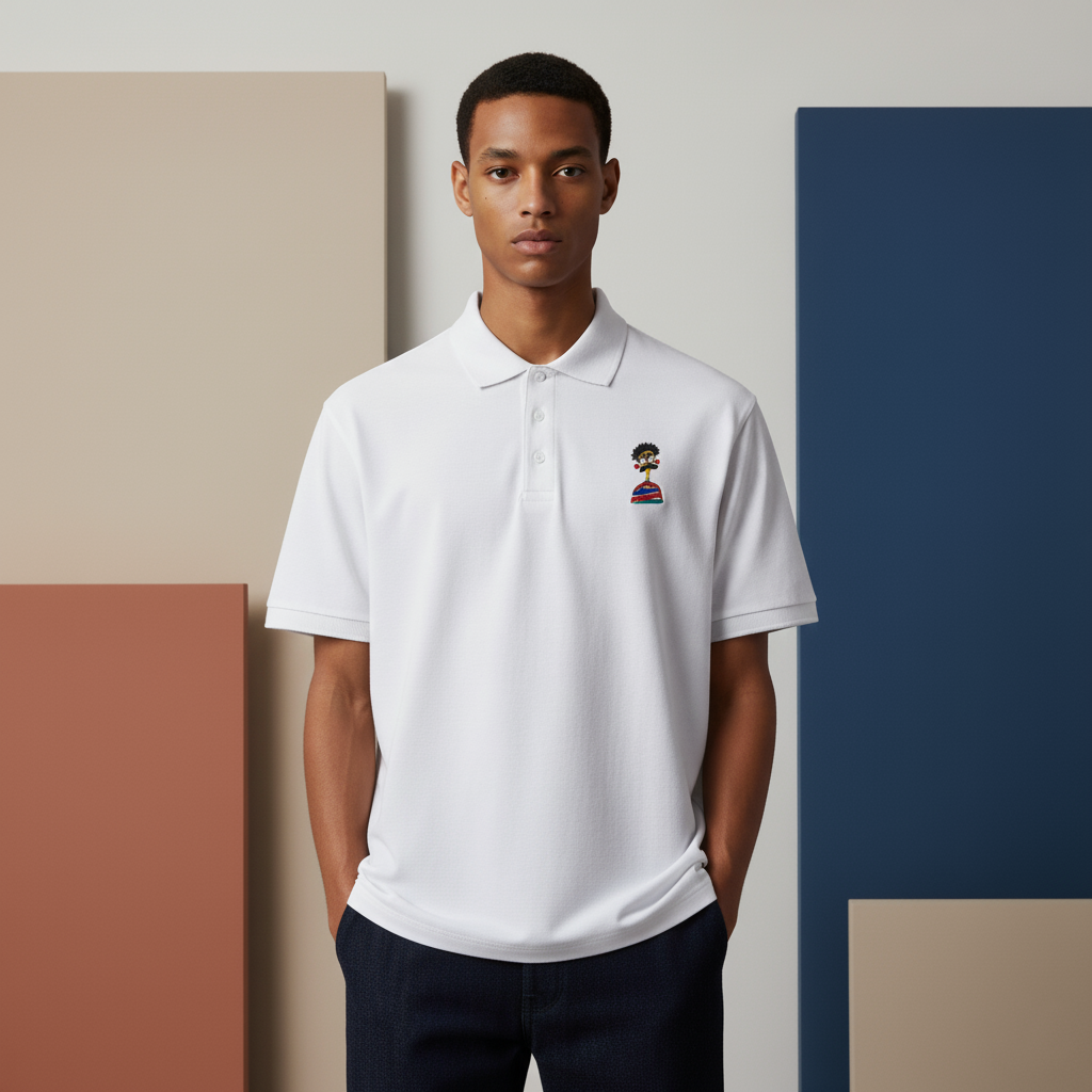 Embroidered Cartoon Face Polo Shirt, Premium Pique Cotton Polo, Fun Character Embroidery Gift