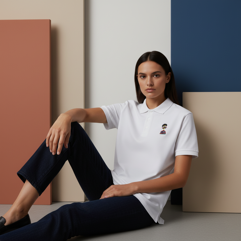 Embroidered Cartoon Face Polo Shirt, Premium Pique Cotton Polo, Fun Character Embroidery Gift