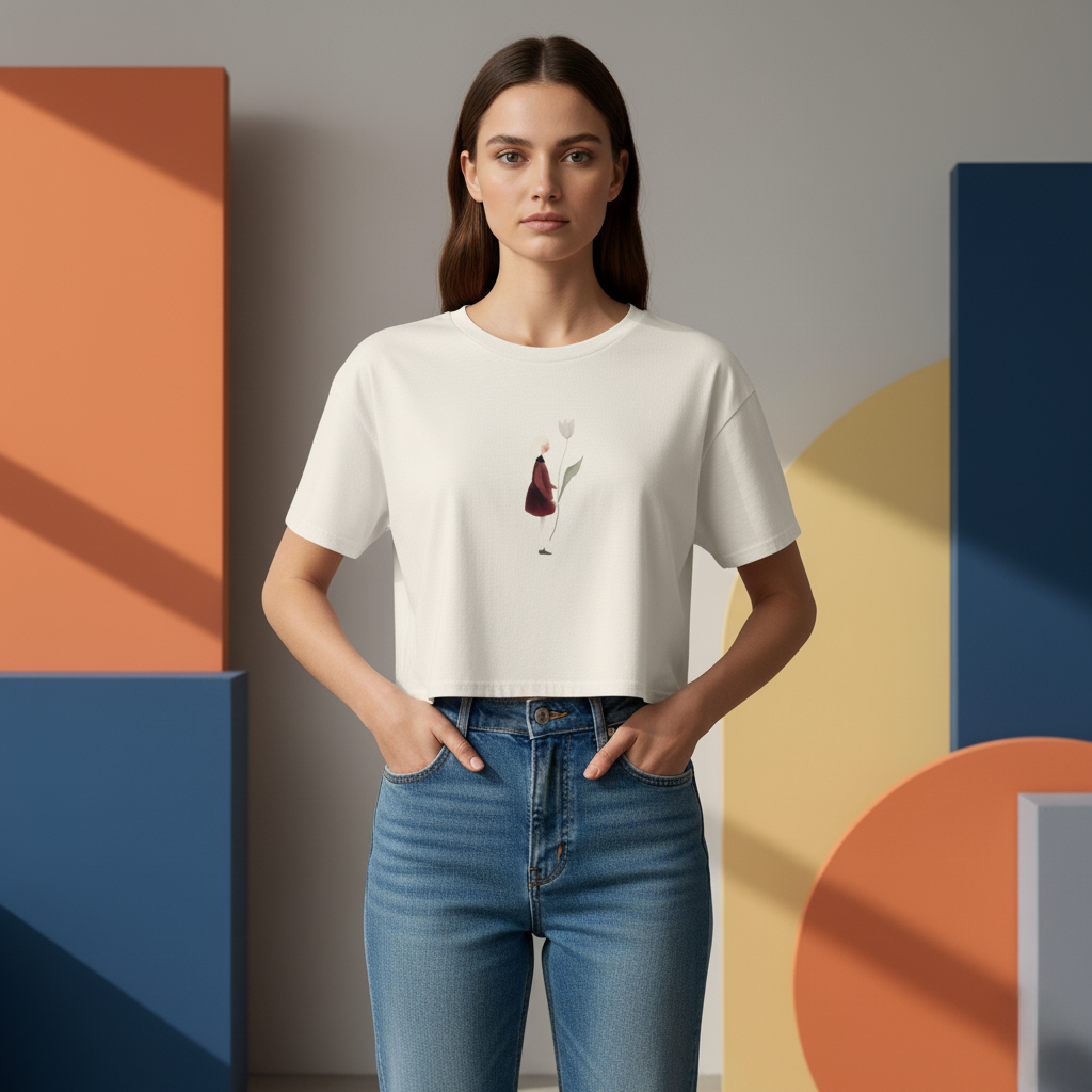 Girl Holding Tulip Crop Top, Minimalist Watercolor Art Shirt, Women’s Relaxed Fit Tee