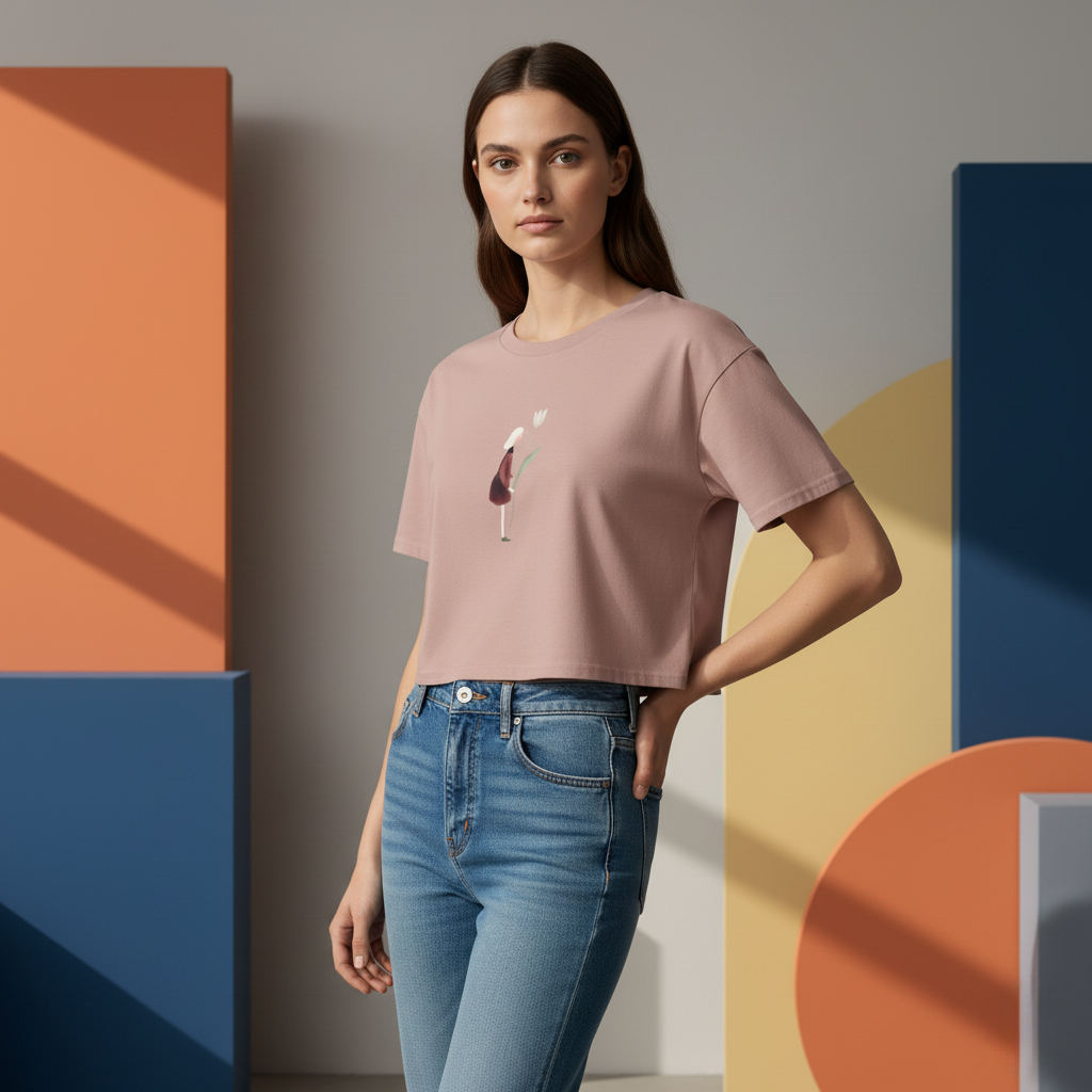 Girl Holding Tulip Crop Top, Minimalist Watercolor Art Shirt, Women’s Relaxed Fit Tee