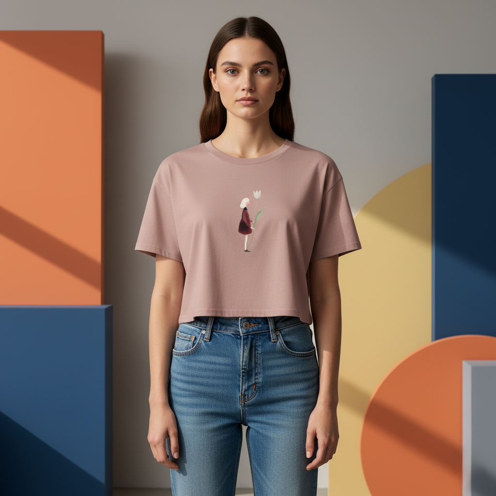 Girl Holding Tulip Crop Top, Minimalist Watercolor Art Shirt, Women’s Relaxed Fit Tee