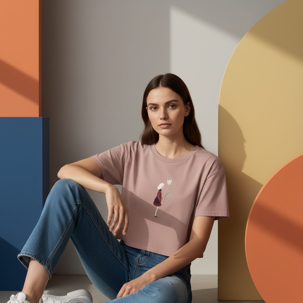 Girl Holding Tulip Crop Top, Minimalist Watercolor Art Shirt, Women’s Relaxed Fit Tee