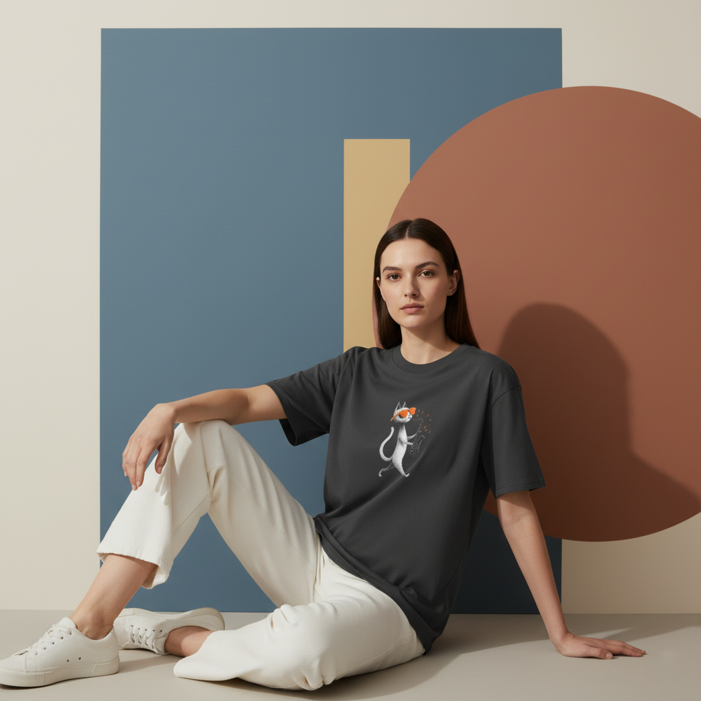 Oversized Faded T-Shirt – Cool Cat Playing Saxophone Art Design