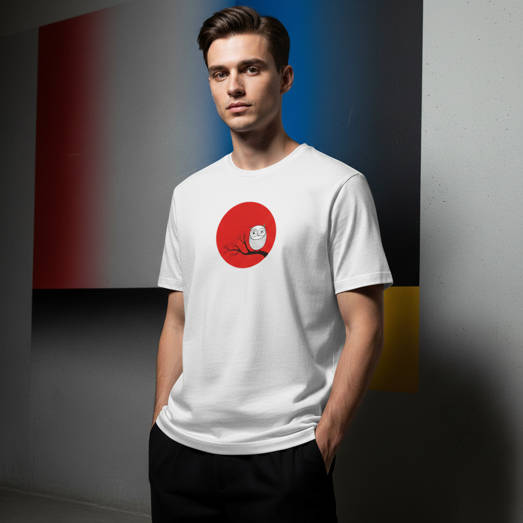 Owl on Branch T-Shirt, Minimalist Animal Graphic Tee, Unisex Soft Cotton Bird Shirt