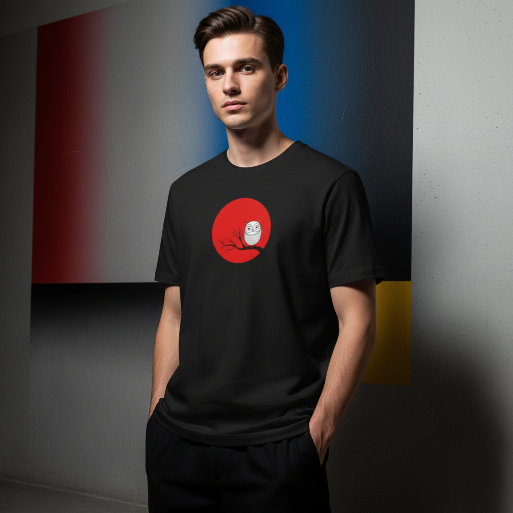 Owl on Branch T-Shirt, Minimalist Animal Graphic Tee, Unisex Soft Cotton Bird Shirt