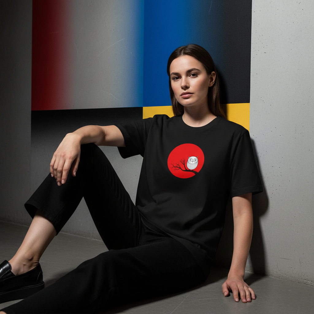 Owl on Branch T-Shirt, Minimalist Animal Graphic Tee, Unisex Soft Cotton Bird Shirt