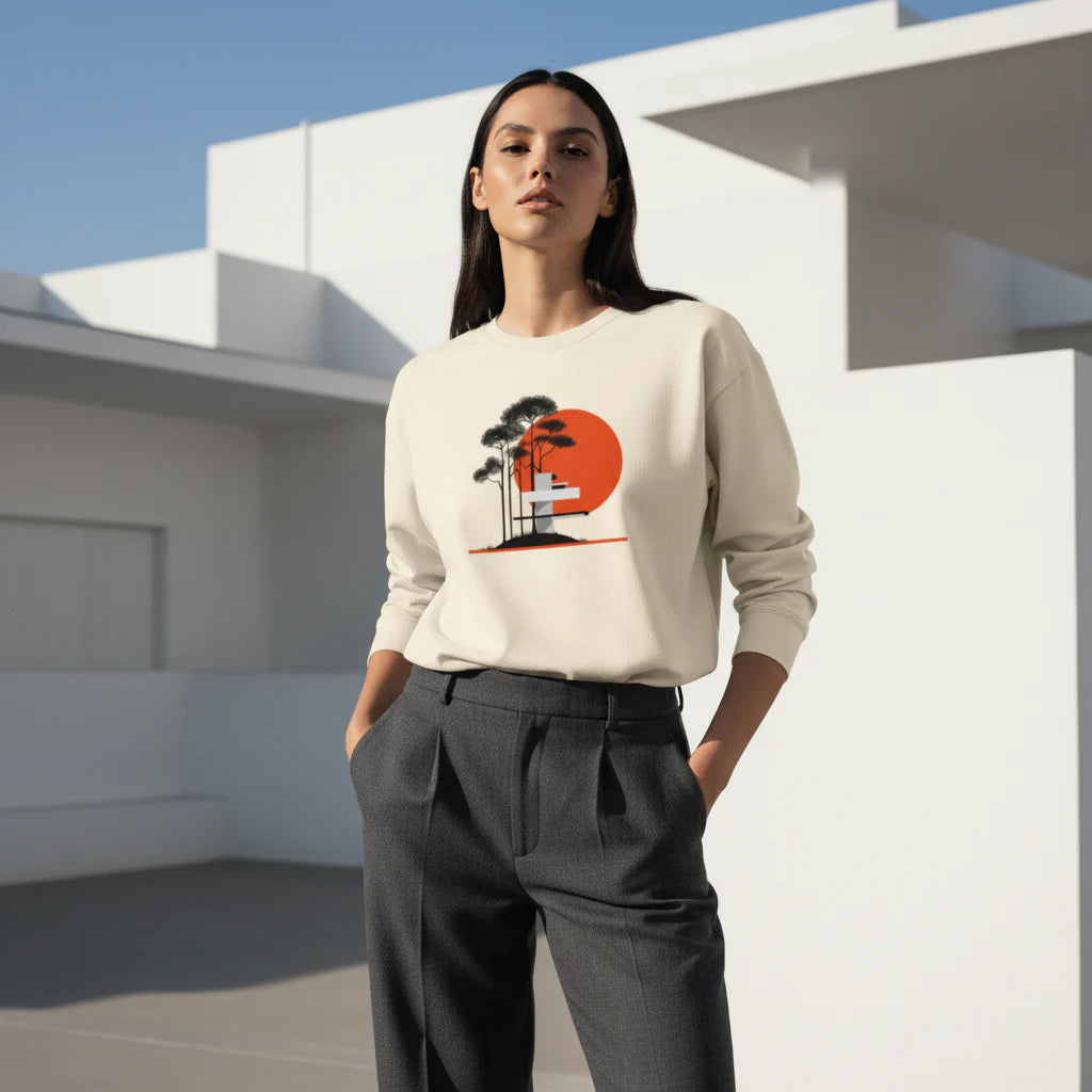 Unisex Minimalist Sweatshirt – Red Sun Architecture Design, Aesthetic Modern Streetwear