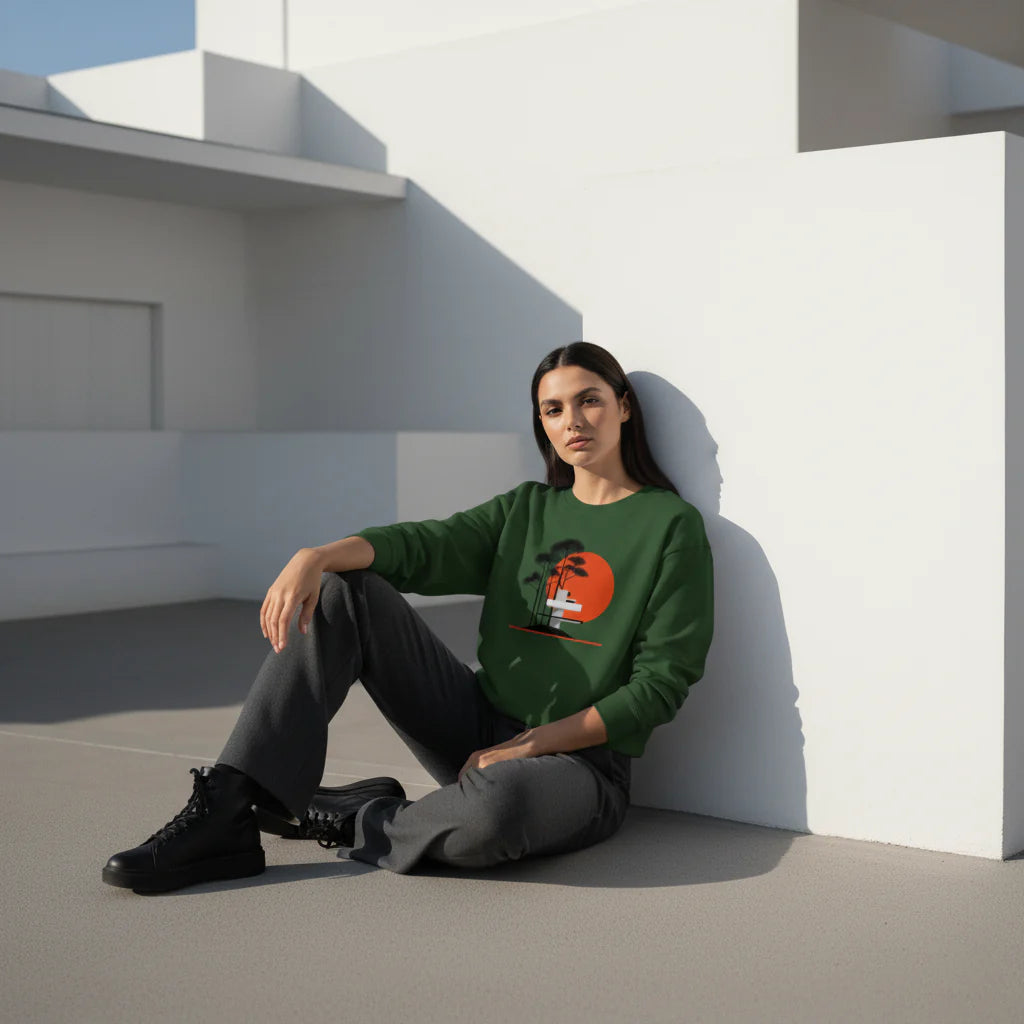 Unisex Minimalist Sweatshirt – Red Sun Architecture Design, Aesthetic Modern Streetwear