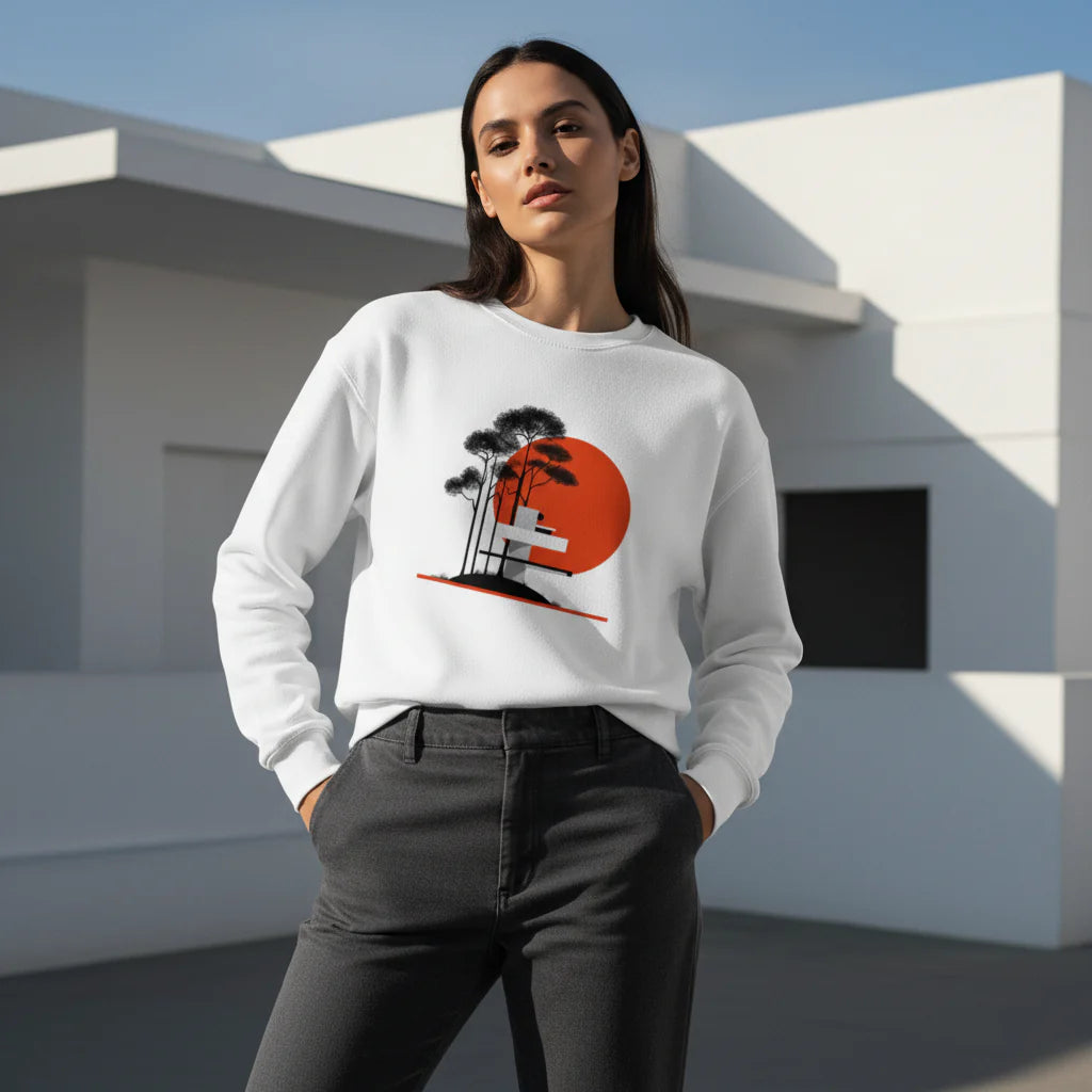 Unisex Minimalist Sweatshirt – Red Sun Architecture Design, Aesthetic Modern Streetwear