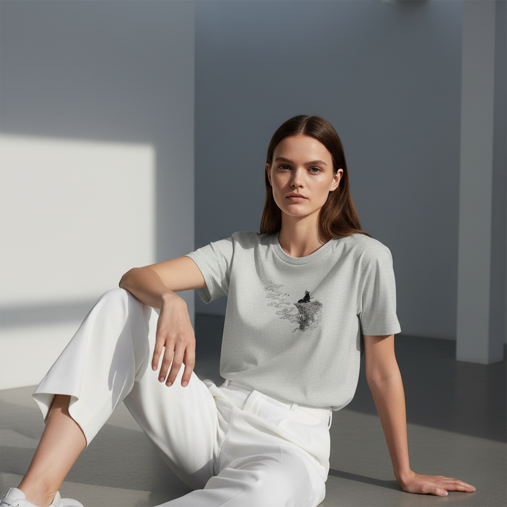 Samurai Cliff T-Shirt, Japanese Warrior Ink Art Tee, Unisex Black and White Cotton Shirt