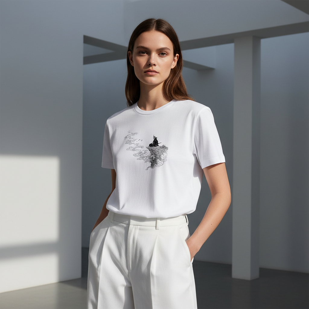 Samurai Cliff T-Shirt, Japanese Warrior Ink Art Tee, Unisex Black and White Cotton Shirt