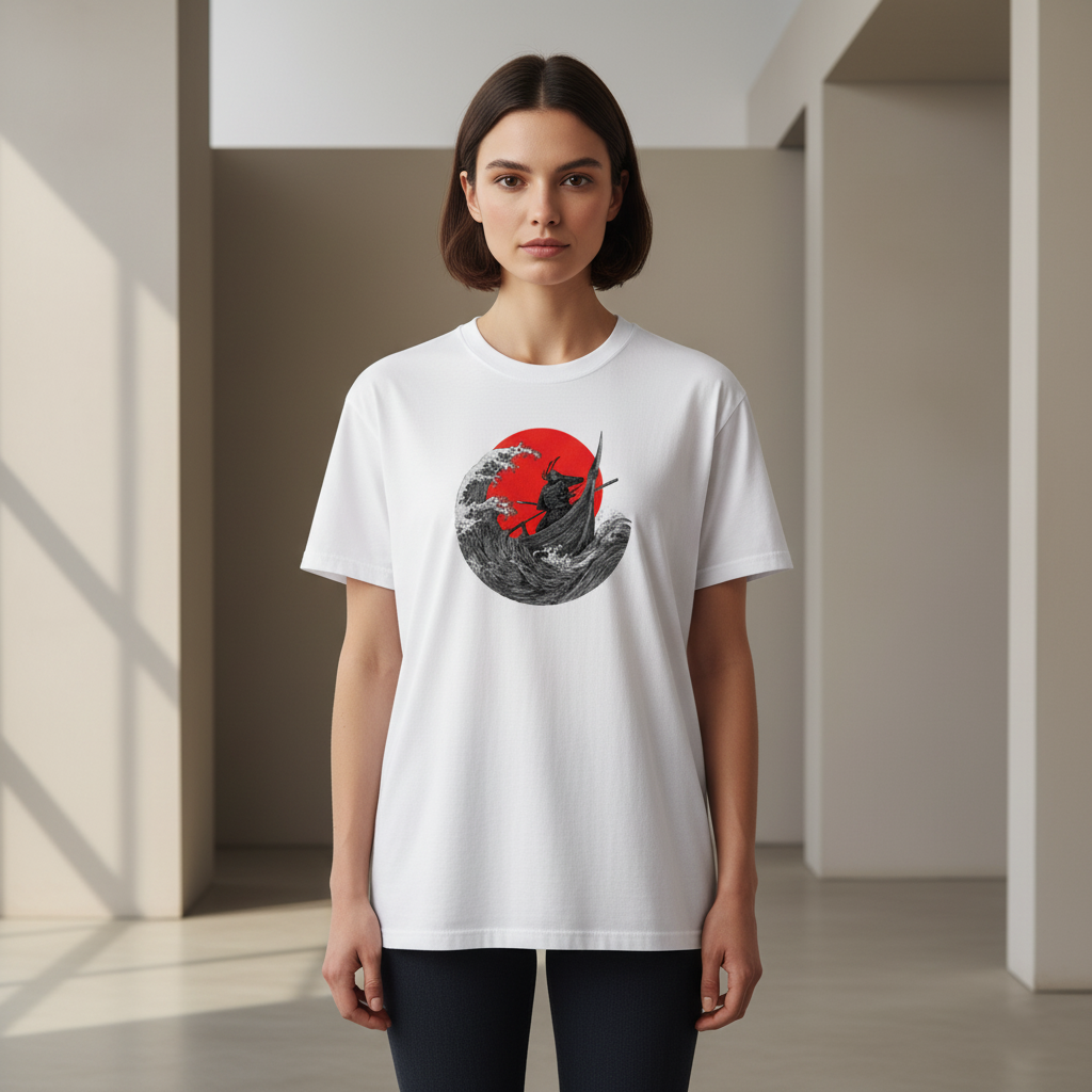 Unisex Heavyweight T-Shirt – Samurai on Boat with Red Sun Art