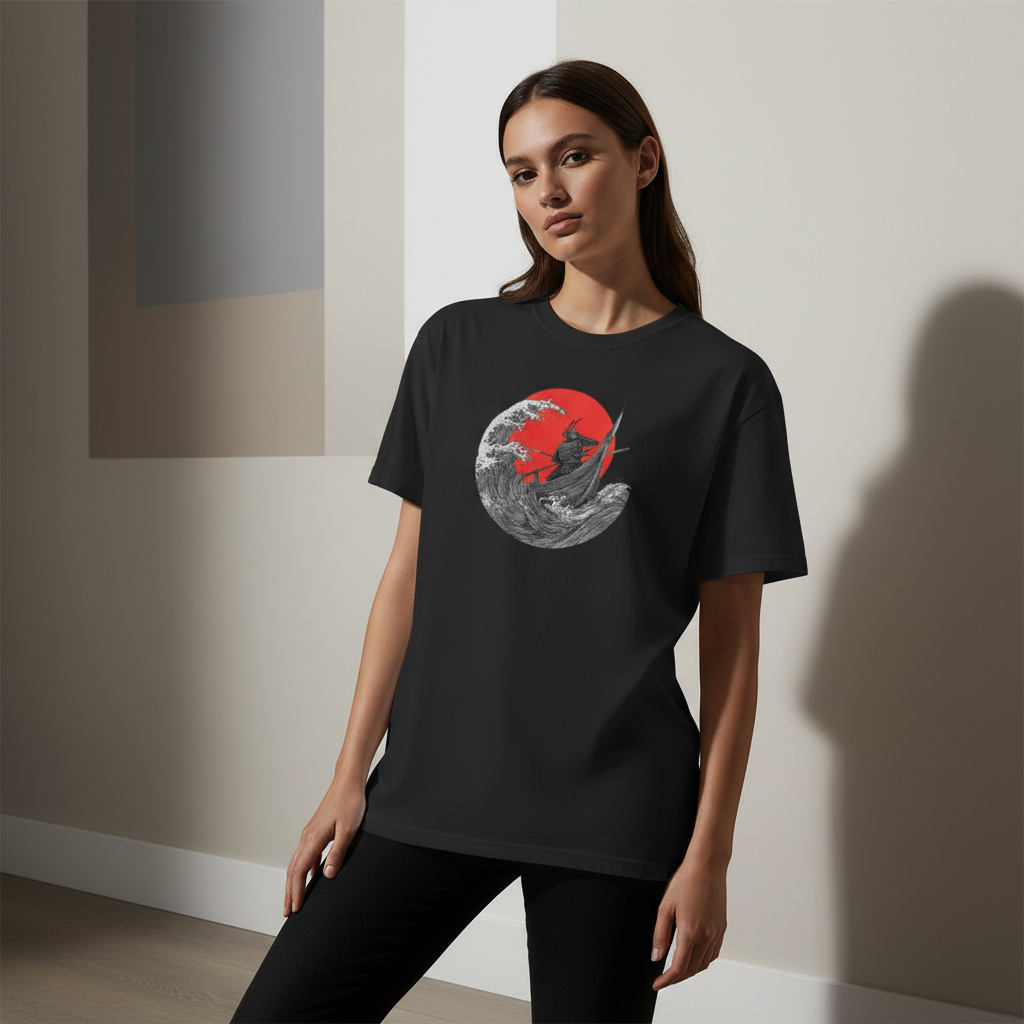 Unisex Heavyweight T-Shirt – Samurai on Boat with Red Sun Art