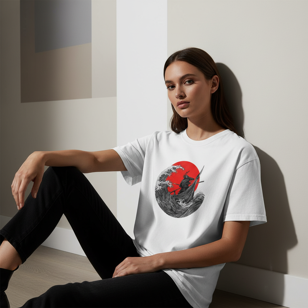 Unisex Heavyweight T-Shirt – Samurai on Boat with Red Sun Art