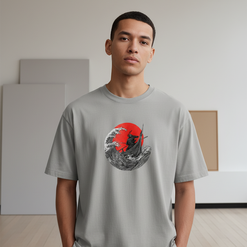 Unisex Heavyweight T-Shirt – Samurai on Boat with Red Sun Art