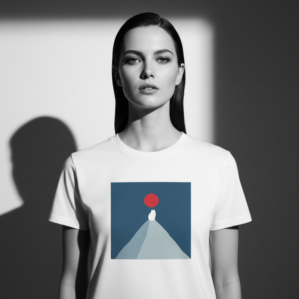 White Cat Mountain T-Shirt, Minimalist Animal Graphic Tee, Unisex Soft Cotton Shirt