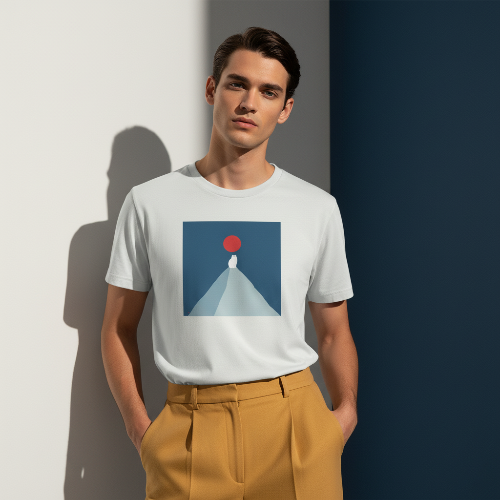 White Cat Mountain T-Shirt, Minimalist Animal Graphic Tee, Unisex Soft Cotton Shirt